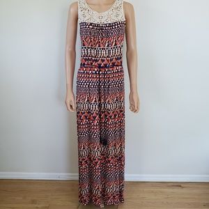 Lucky Brand Crocheted Maxi Dress S Boho Hippie Festival Tassels Beachy Resort